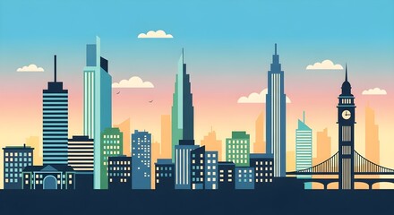 Obraz premium Colorful vector illustration of a city skyline with various modern skyscrapers and a clock tower against a pastel sky.
