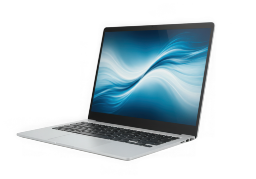 Modern silver laptop with abstract blue wave screen display - Powered by Adobe