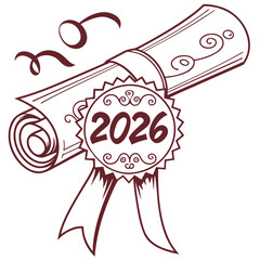 Illustration of a 2026 graduation diploma scroll with ribbon isolated on white background