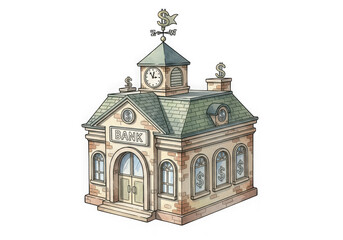 Vintage bank building with clock tower isolated on transparent background