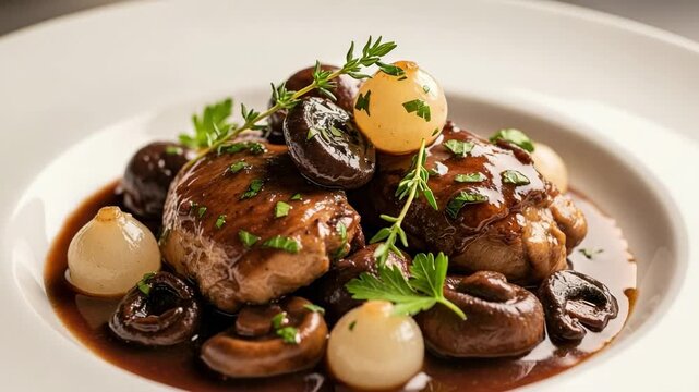 Gourmet Coq au Vin style dish with braised chicken, mushrooms, and pearl onions. Elegant French cuisine plated for fine dining.