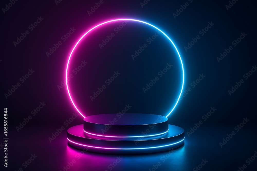 Poster vivid display stand illuminated with glowing neon circle and rim lights in a dark setting