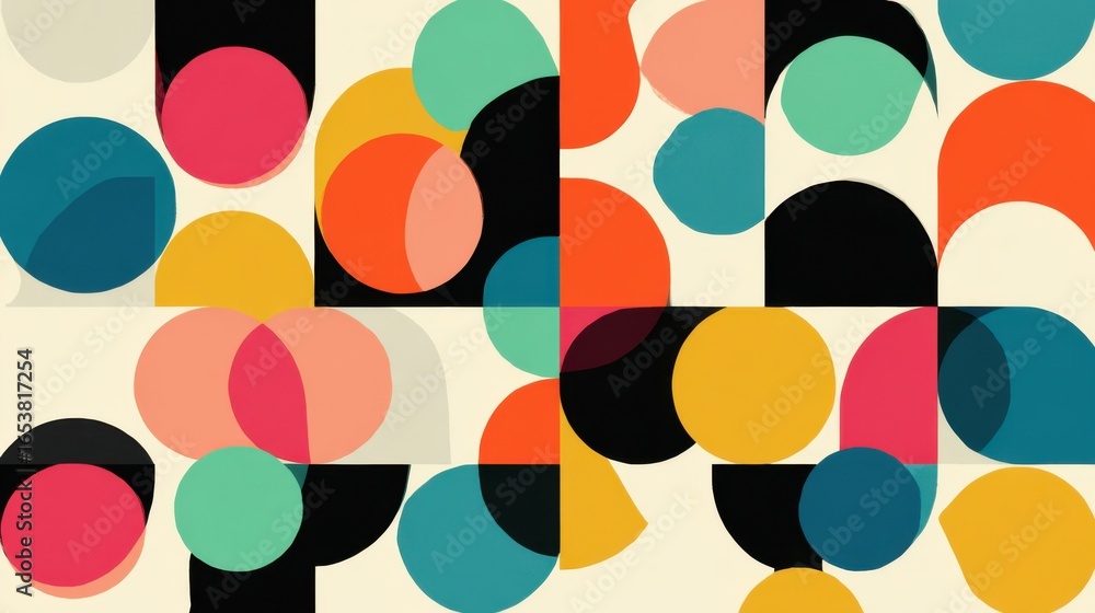 Poster dynamic arrangement of colorful circles and geometric forms fills the canvas with energy. this moder