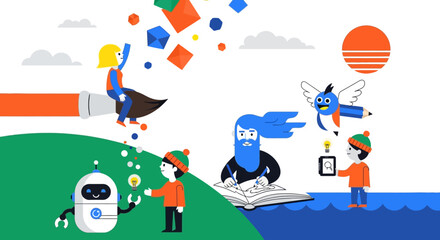 Creative Illustration with Cartoon Characters, Robot, and Flying Bird-Pencil