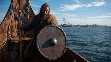 Viking warrior with axe and shield on wooden longship, Norse raider sailing at sea under clear sky