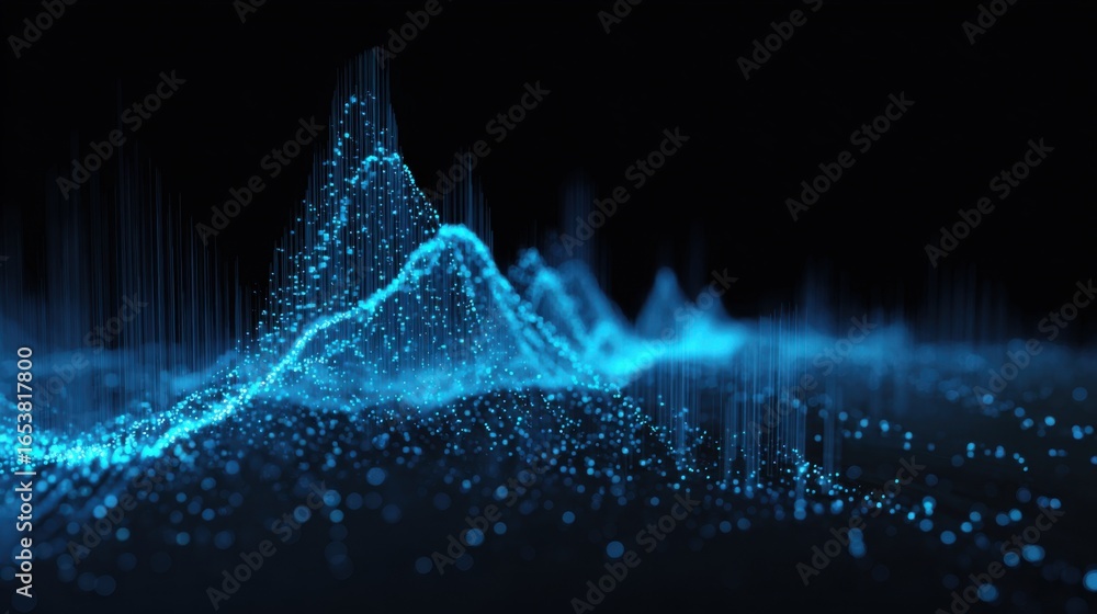 Poster bright blue sound wave patterns rise and fall in a dark setting, displaying a stunning visual of aud