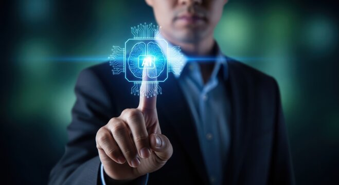 Businessman s finger touching a glowing digital interface with binary code and futuristic technology elements