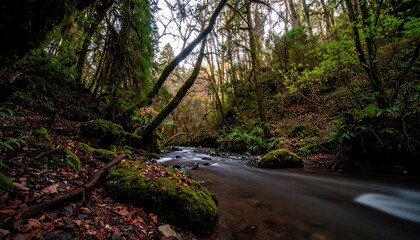 Forested stream running through mossy woods