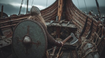 Viking warrior with axe and shield aboard wooden longship, Norse raider ready for sea voyage under cloudy skies