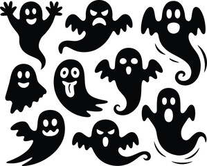 A collection of nine black ghost silhouettes with various expressions on a white background surface