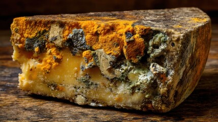 Fototapeta premium Moldy Cheese. Decay and Spoil of Old Cheddar, Rotten Texture of Inedible Moldy Cheese