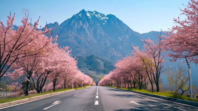 A road leading into the distance, with mountains in the background and cherry blossom trees on both sides. It was taken during daylight. The video features a clear sky above