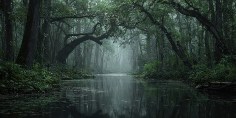 Naklejka premium Mysterious Swamp. Moody Forest Background with Bayou and Creepy Tree Branches