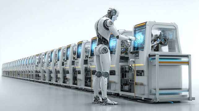 工場の生産ラインで作業するヒューマノイドロボットとAI技術「生成AI」