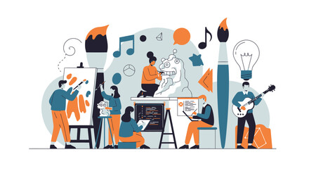 Diverse artists creating art: painting, sculpting, coding, writing, and playing music