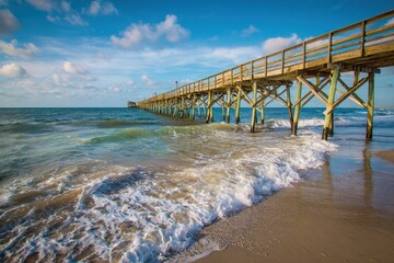 Obraz premium Oak Wave at the Fishing Pier in Oak Island, NC. Beach and Ocean Landscape