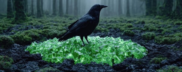Fototapeta premium Toxic slime along the crystal raven concept. A black crow standing in a mysterious, green forest setting.