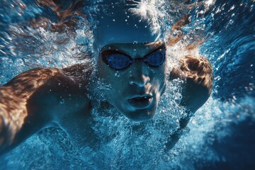Olympic Swimmer. Athlete in Blue Deep Pool Swimming with Speed and Concentration