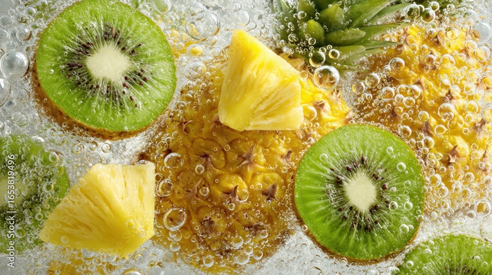 Poster fresh pineapple chunks and kiwi slices float in sparkling water, creating a vivid and refreshing com