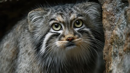 Fototapeta premium Pallas Cat. Beautiful Asian Wild Cat, Close-Up Portrait of Cute Carnivore Animal