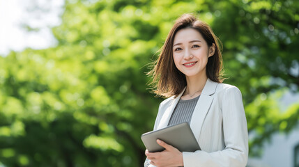 Fototapeta premium 屋外でタブレットを持つビジネスウーマンの爽やかなポートレート「生成AI」