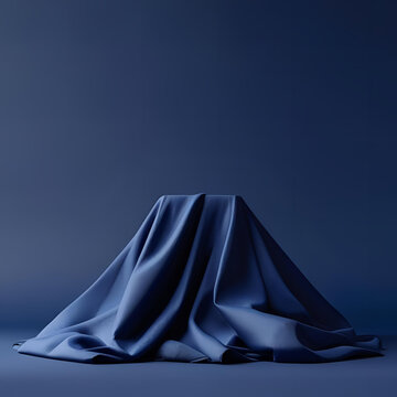 A product podium or pedestal covered with elegant navy blue cloth for a reveal