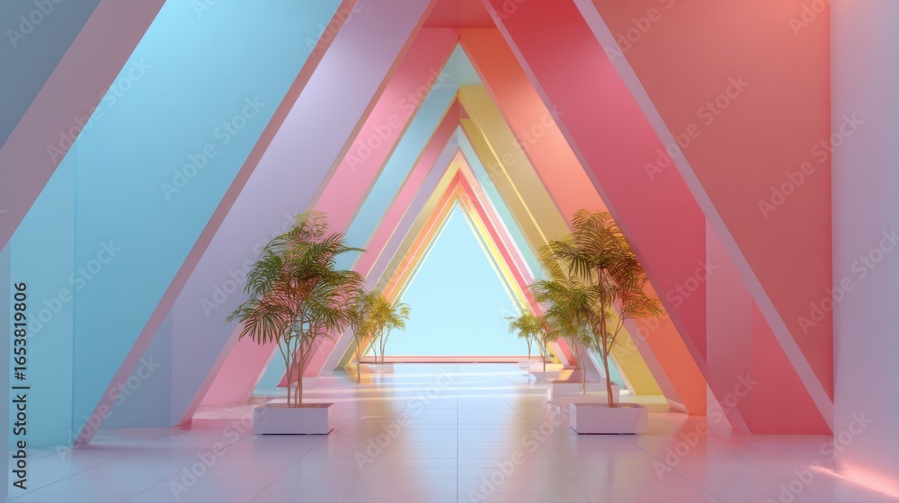 Poster a hallway features an array of colorful triangular designs in pastel shades, complemented by potted 
