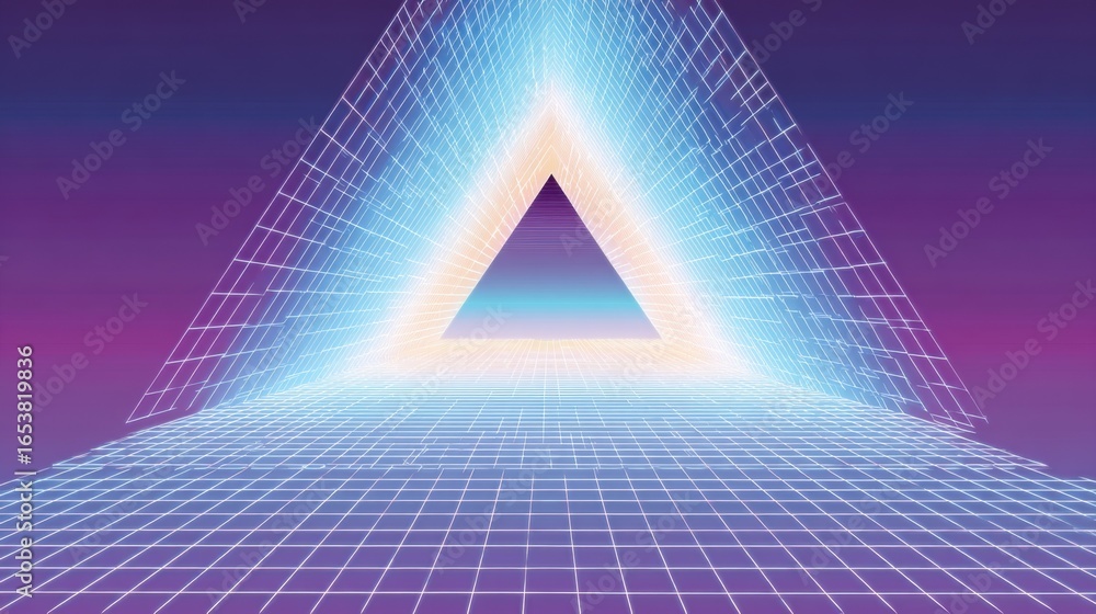 Poster this artwork features a glowing triangular shape set against a purple background. the grid base adds