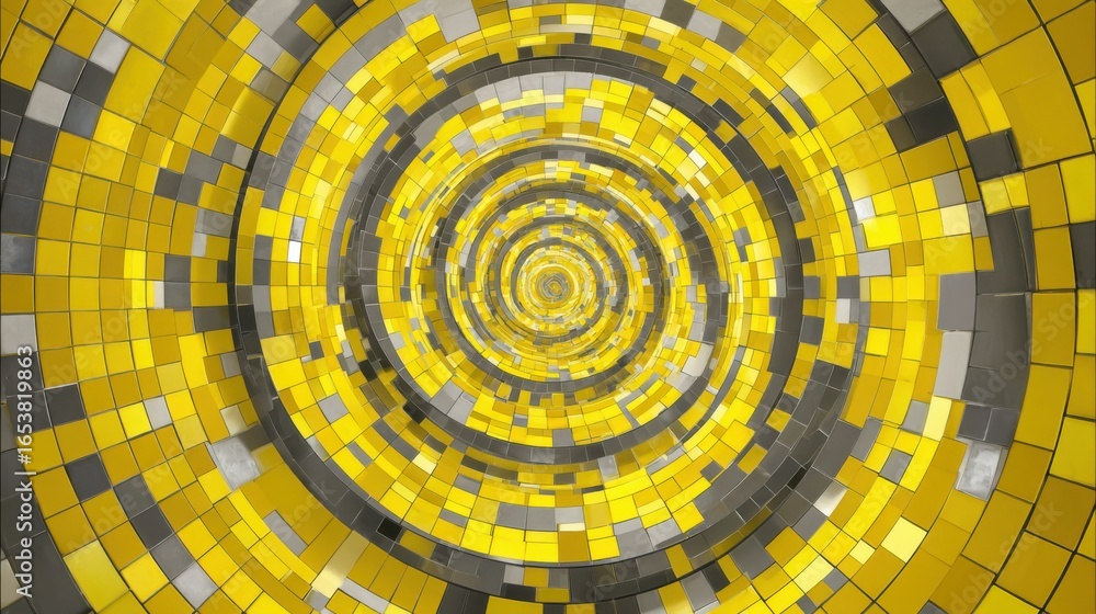 Poster a colorful spiral design composed of bright yellow and gray tiles creates an illusion of depth and m