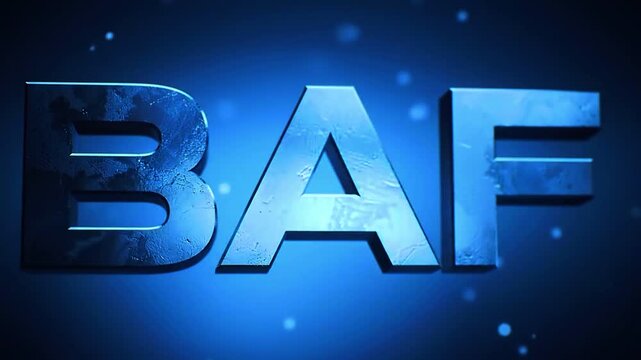 Creative digital animation featuring bold letters &ldquo;BAF&rdquo; with a futuristic glitch effect and metallic textures