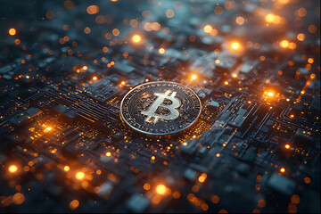 Gleaming Bitcoin emblem shines brightly on intricate digital circuit board with vibrant orange glowing data streams and bokeh effects, symbolizing financial technology and blockchain innovation.