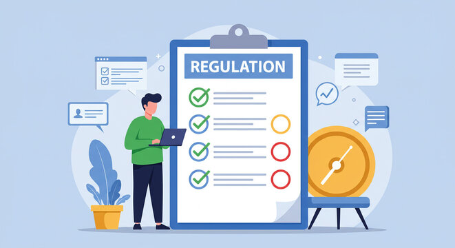 illustration of regulation compliance checklist, policy adherence, and standards. A man uses a laptop. A clipboard with checked items and a clock are present, highlighting deadline management.