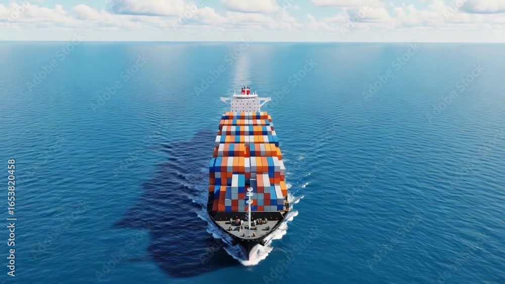 Poster aerial view of a large container ship sailing on the ocean with stacked containers on a sunny day