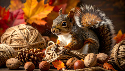 Obraz premium Squirrel Amongst Autumnal Leaves Rope And Nuts Displaying Rich Brown And Orange Tones With Selective Focus