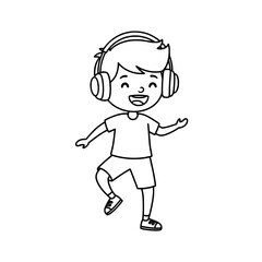 Outline sketch of cheerful boy dancing and listening music with headphones on head