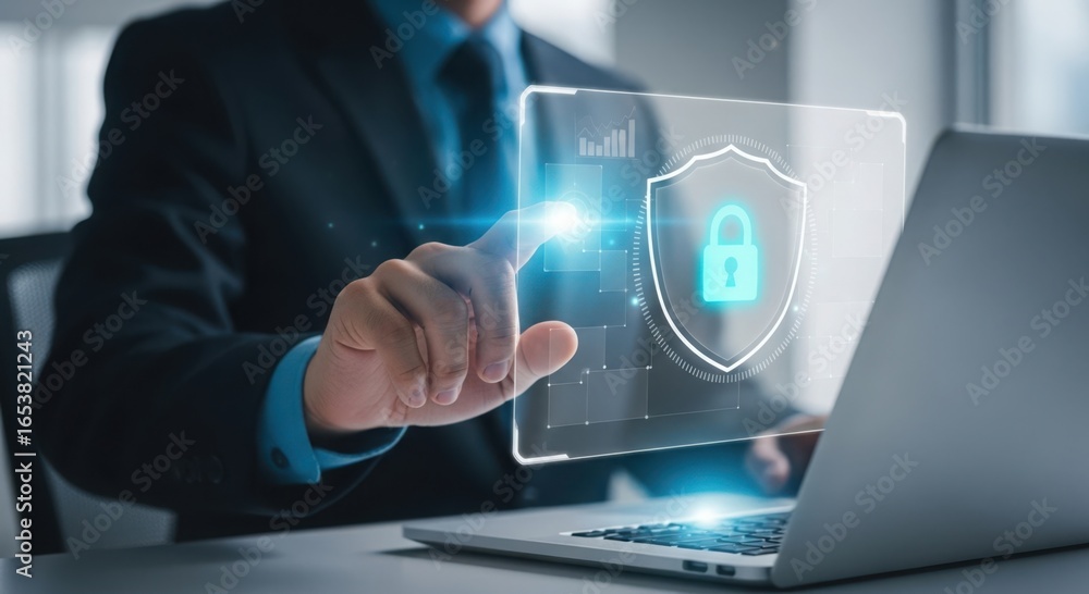 Poster businessman interacting with a glowing digital security shield and padlock interface on a transparen