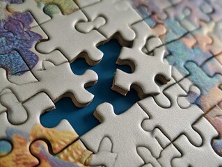 Detailed close-up of a jigsaw puzzle with a missing piece, revealing a vibrant blue section on a colorful puzzle surface, showcasing creativity and focus
