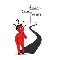 Fototapeta premium a man at a crossroads, contemplating his next move. he's surrounded by question marks, symbolizing his uncertainty and the difficulty of making a decision. he is trying to make life choices.