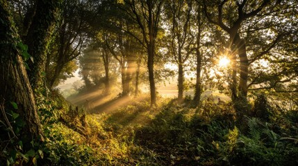 Soft rays of sunlight break through the trees in a serene forest. The early morning light casts a warm glow, illuminating the foliage and creating a peaceful ambiance.