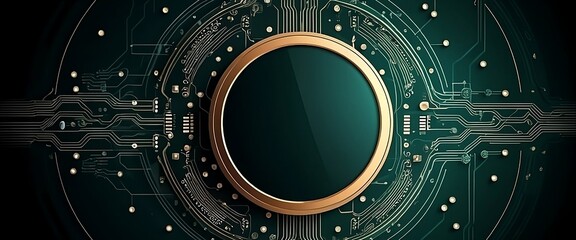 Stunning futuristic circuit board with golden circular frame and intricate glowing lines, perfect for tech innovation and digital transformation themes