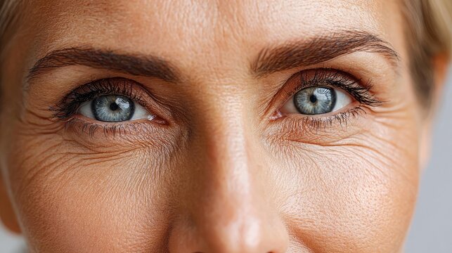 Puffy eyelids with swollen circles concept. Close-up of an expressive face with blue eyes and subtle wrinkles.