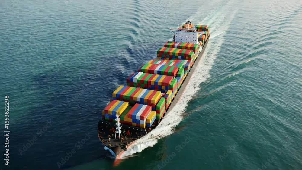 Poster aerial view of a large container ship sailing on the ocean with colorful cargo containers stacked hi