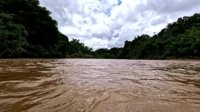 A wide, fast-flowing tropical river flanked by dense tropical rainforest on both sides - amazon rainforest biodiverse nature background or landscape