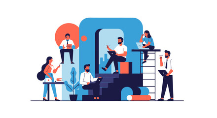 Fototapeta premium Modern Office Team Collaborating with Laptops and Creative Design Elements