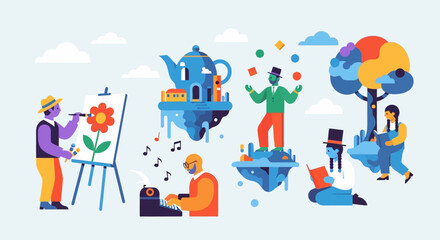 Stylized Creative Professions: Painter, Writer, Juggler, and Readers in Floating Worlds