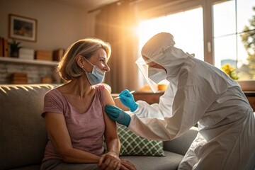 A woman is getting a shot from a nurse