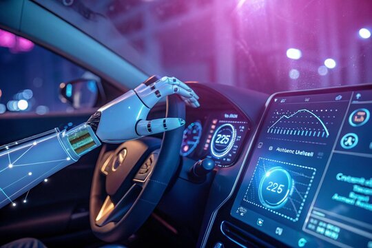 A robot is driving a car with a steering wheel