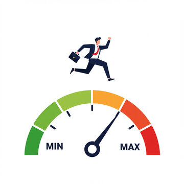 a businessman running on a speed meter, showcasing maximum performance and results. represents achievement, success, and motivation in business and career growth.