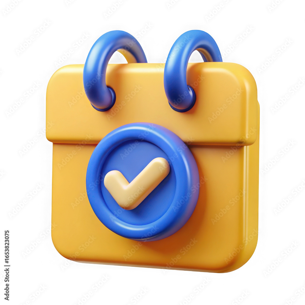 Poster stylized 3d calendar icon with a yellow checkmark inside a circle representing a completed task or e