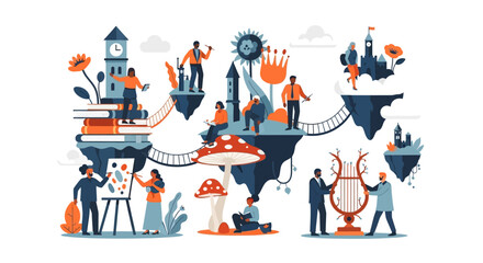 Naklejka premium Whimsical Floating Islands Depicting Art, Music, and Knowledge